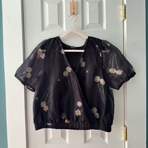 Madewell Silk Floral Wrap Crop Top | Sheer Black | Size L - Picture 2 of 6
